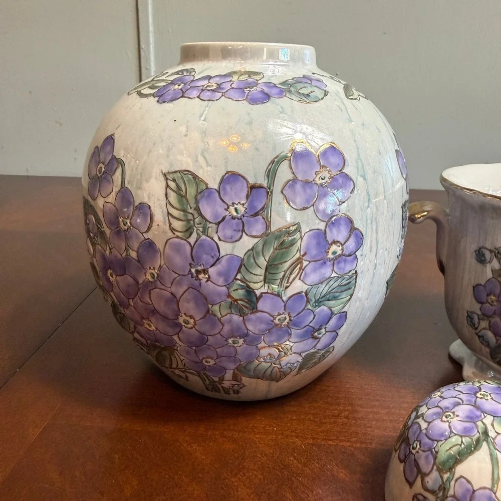 Purple‎ Floral Ceramic Decor Set  Vase Rabbit Egg Gold Trim Chinoiserie